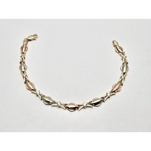 Unique 14K Tri Tone Multi Color Gold Designer CZ Tennis Link Bracelet - 7.50